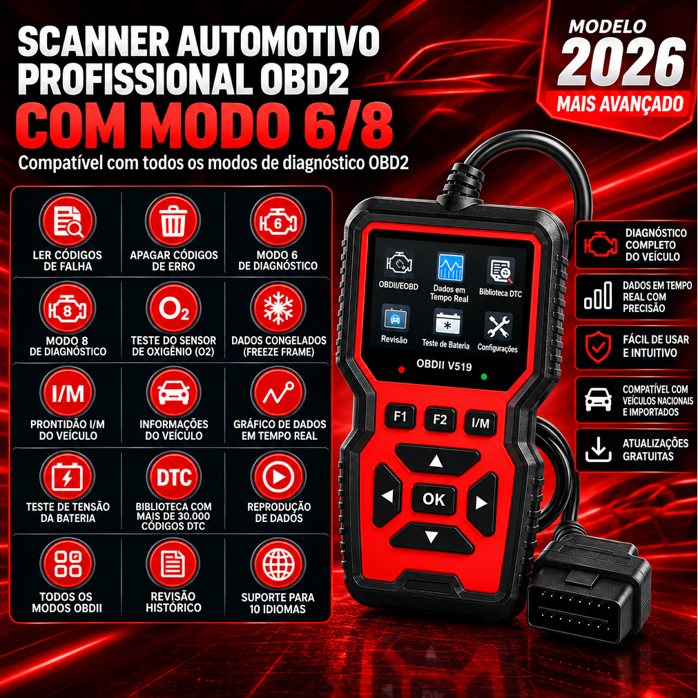 Scanner Automotivo OBD2 V519 Pro para Diagnóstico Profissional e Apagar Luz da Injeção