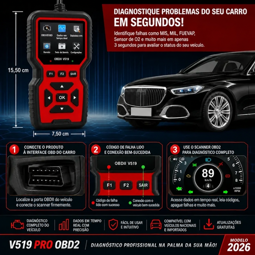 Scanner Automotivo OBD2 V519 Pro para Diagnóstico Profissional e Apagar Luz da Injeção